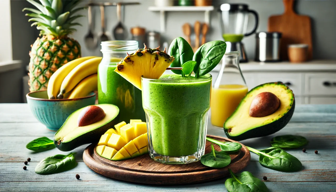 A vibrant tropical smoothie made with spinach, avocado, banana, and pineapple, served in a clear glass. Ingredients are arranged around the glass on a wooden table, emphasizing their freshness and cardiovascular benefits. Set against a clean kitchen background.