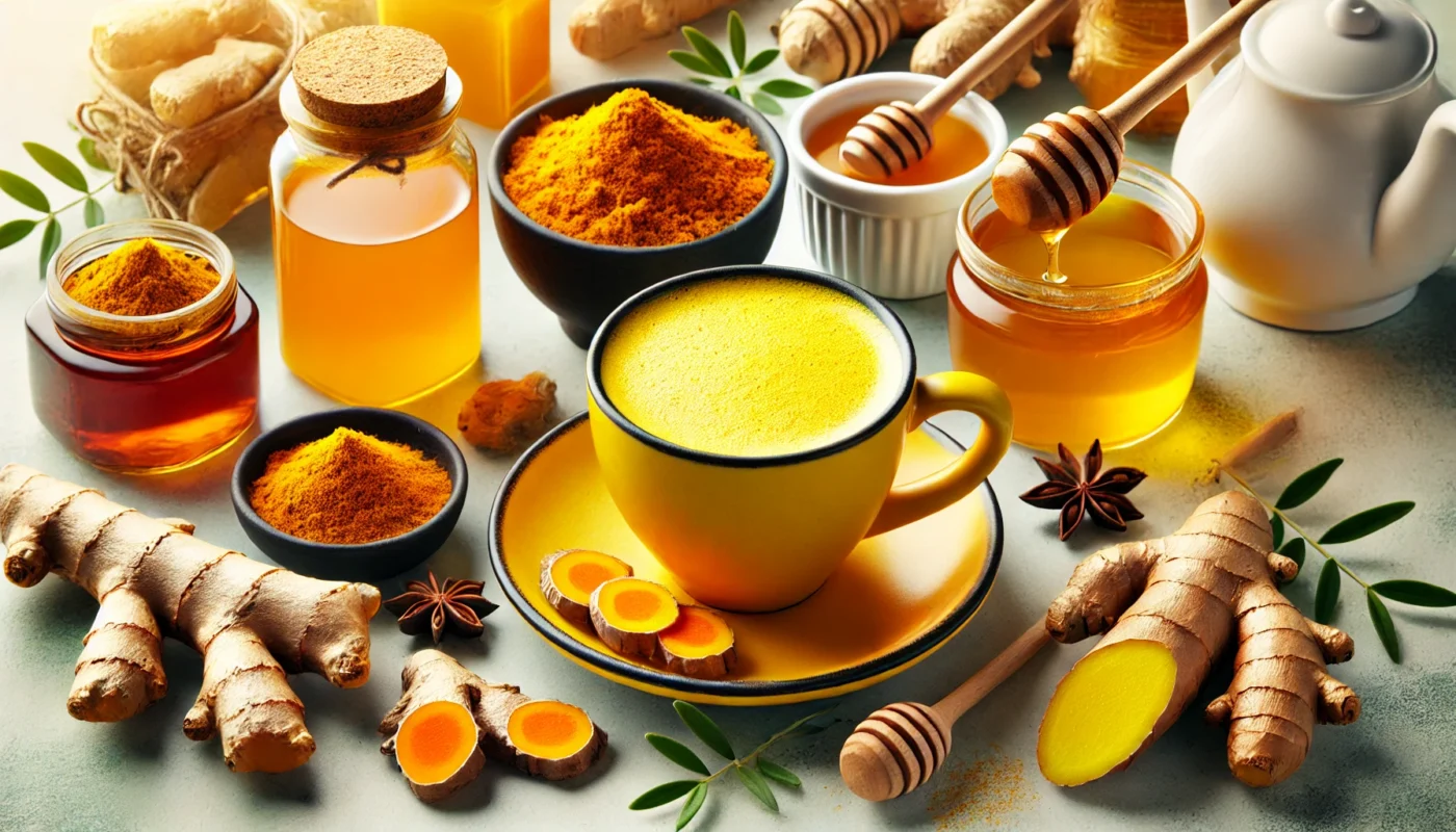 A vibrant image of a cup of golden milk made with turmeric and a cup of ginger tea, surrounded by ingredients like turmeric powder, ginger root, and honey. Set on a clean kitchen counter, highlighting their natural and health-promoting benefits for hypertension.