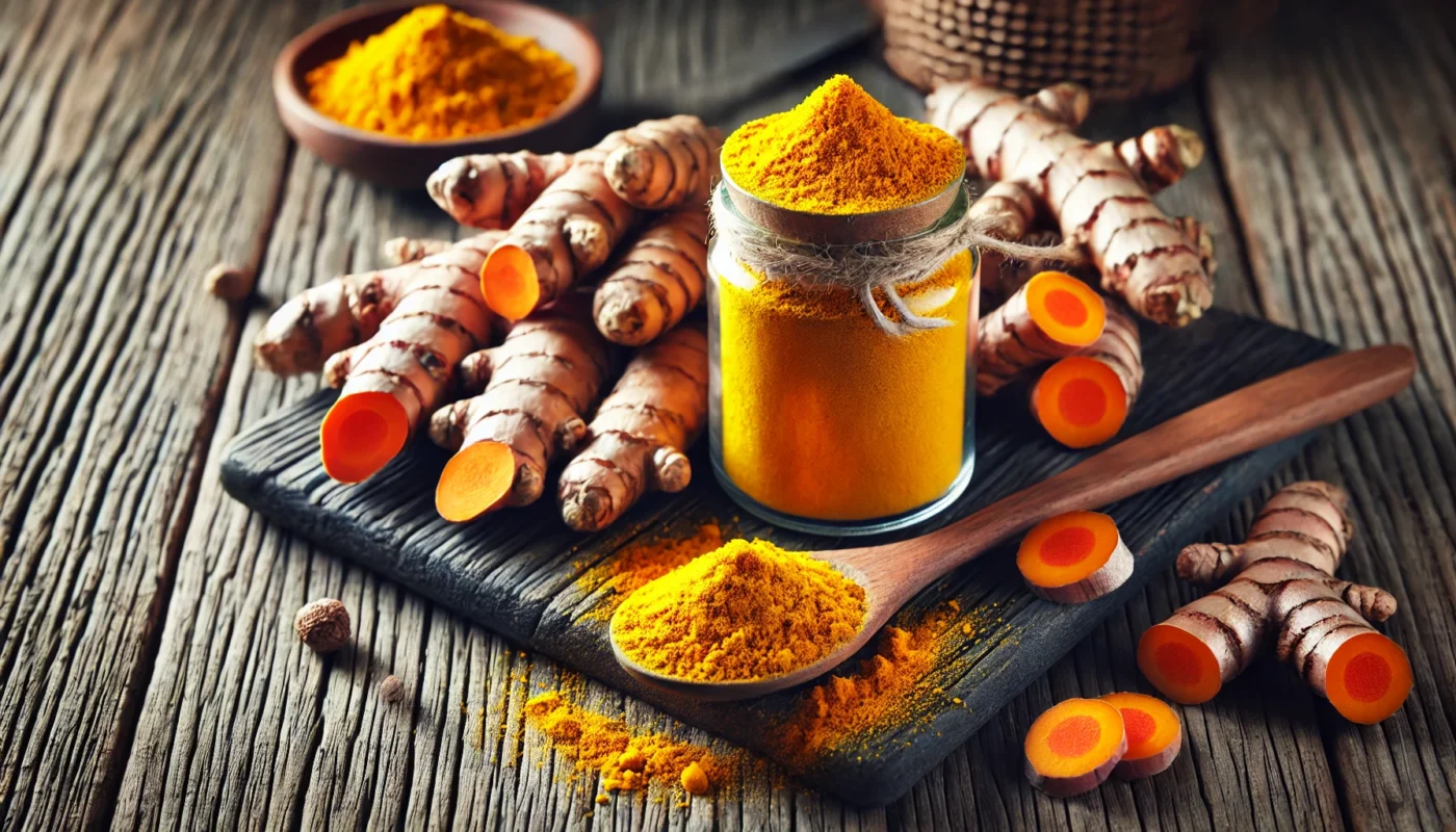 A high-resolution widescreen image showcasing turmeric root and powder on a rustic wooden table. The scene includes fresh turmeric roots, a glass jar of ground turmeric, and a wooden spoon filled with bright orange powder, emphasizing turmeric's natural anti-inflammatory properties as one of the best natural NSAIDs.