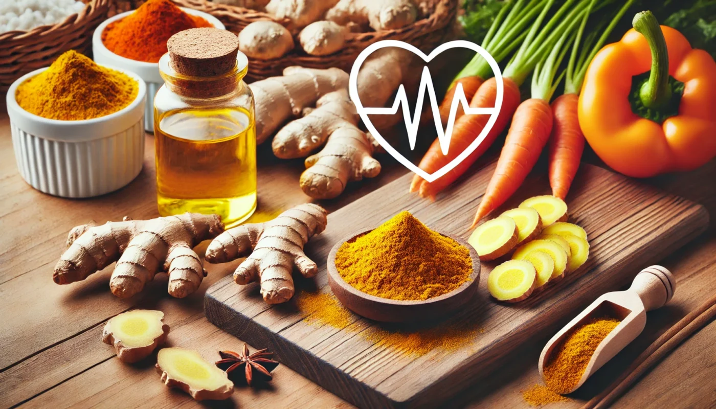 A visually appealing arrangement of turmeric and ginger roots and slices, placed in a kitchen setting with a subtle heart symbol in the background. Highlights the cardiovascular benefits of these spices in managing hypertension.