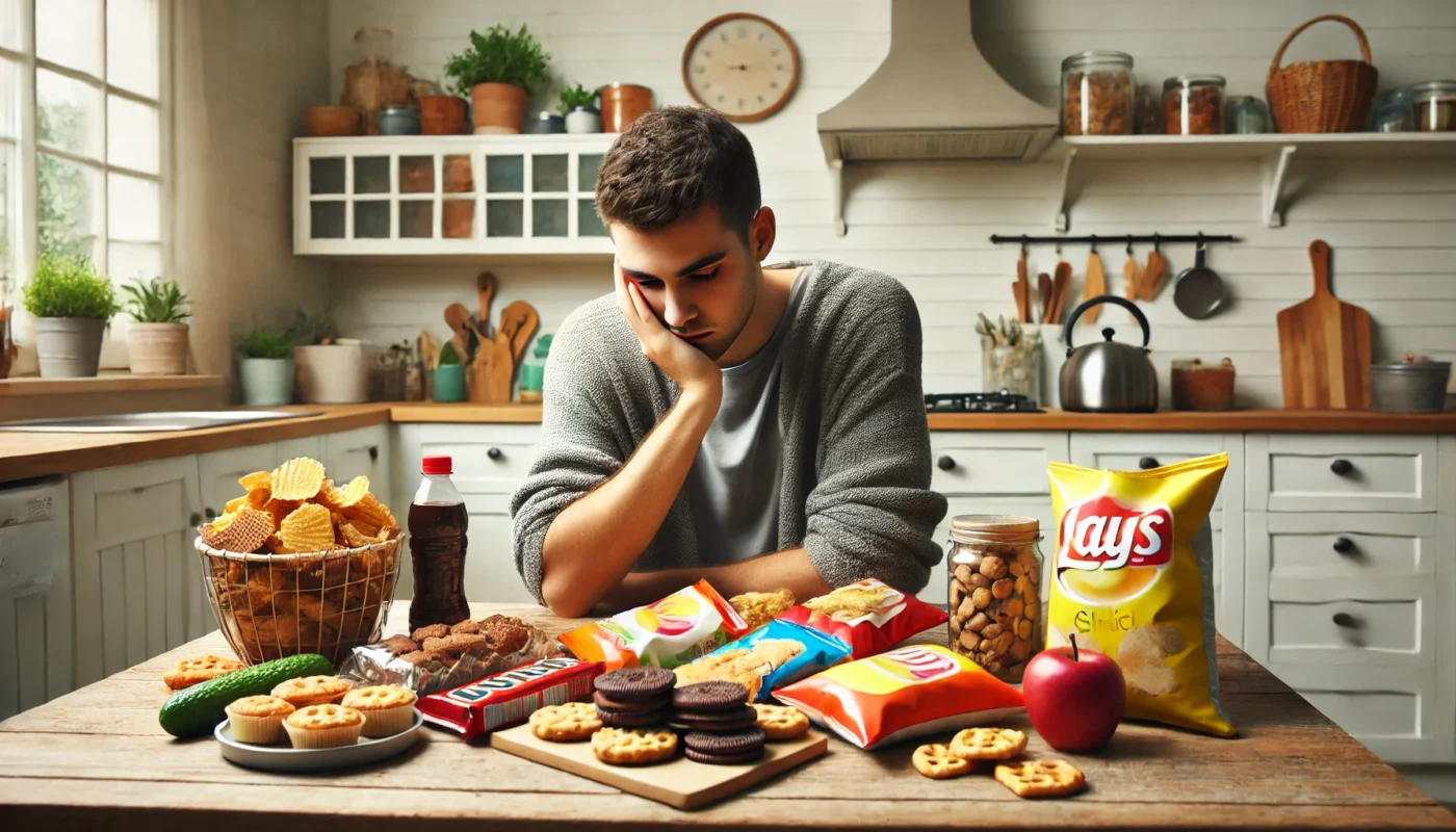 Person sitting at a kitchen table surrounded by unhealthy snack foods, symbolizing the cycle of hypertension and emotional eating.