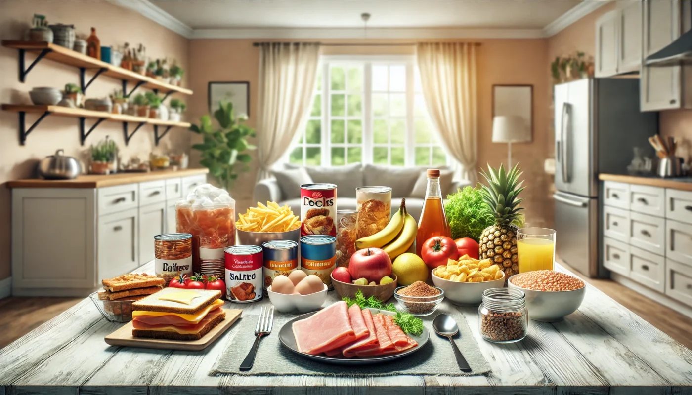 Dining table set with foods high in sodium, including processed meats, canned soups, and salted snacks, emphasizing their potential impact on bone healing.