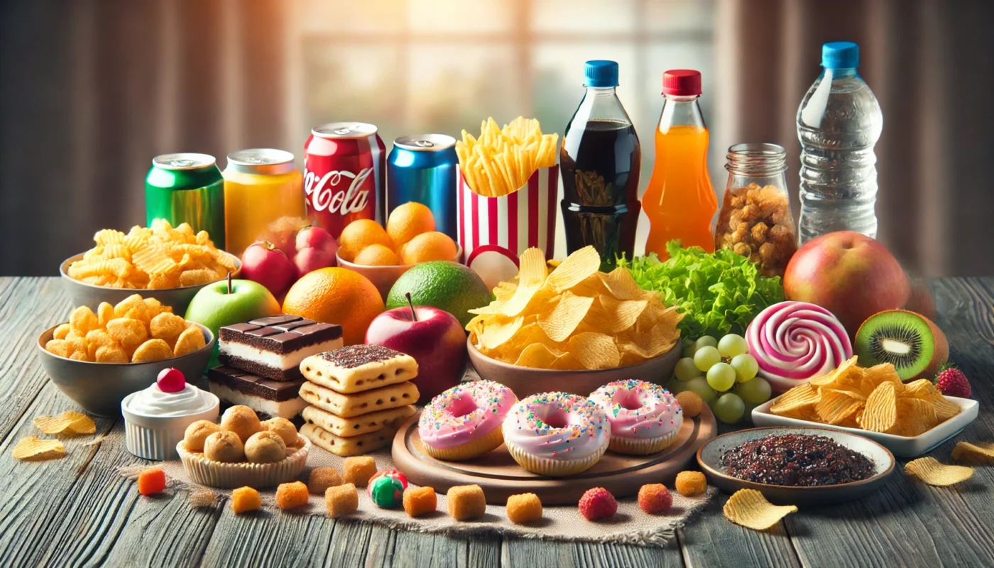 Table filled with unhealthy foods such as processed snacks, salty chips, sugary desserts, and soda cans, highlighting their vibrant and contrasting colors that may hinder bone healing.