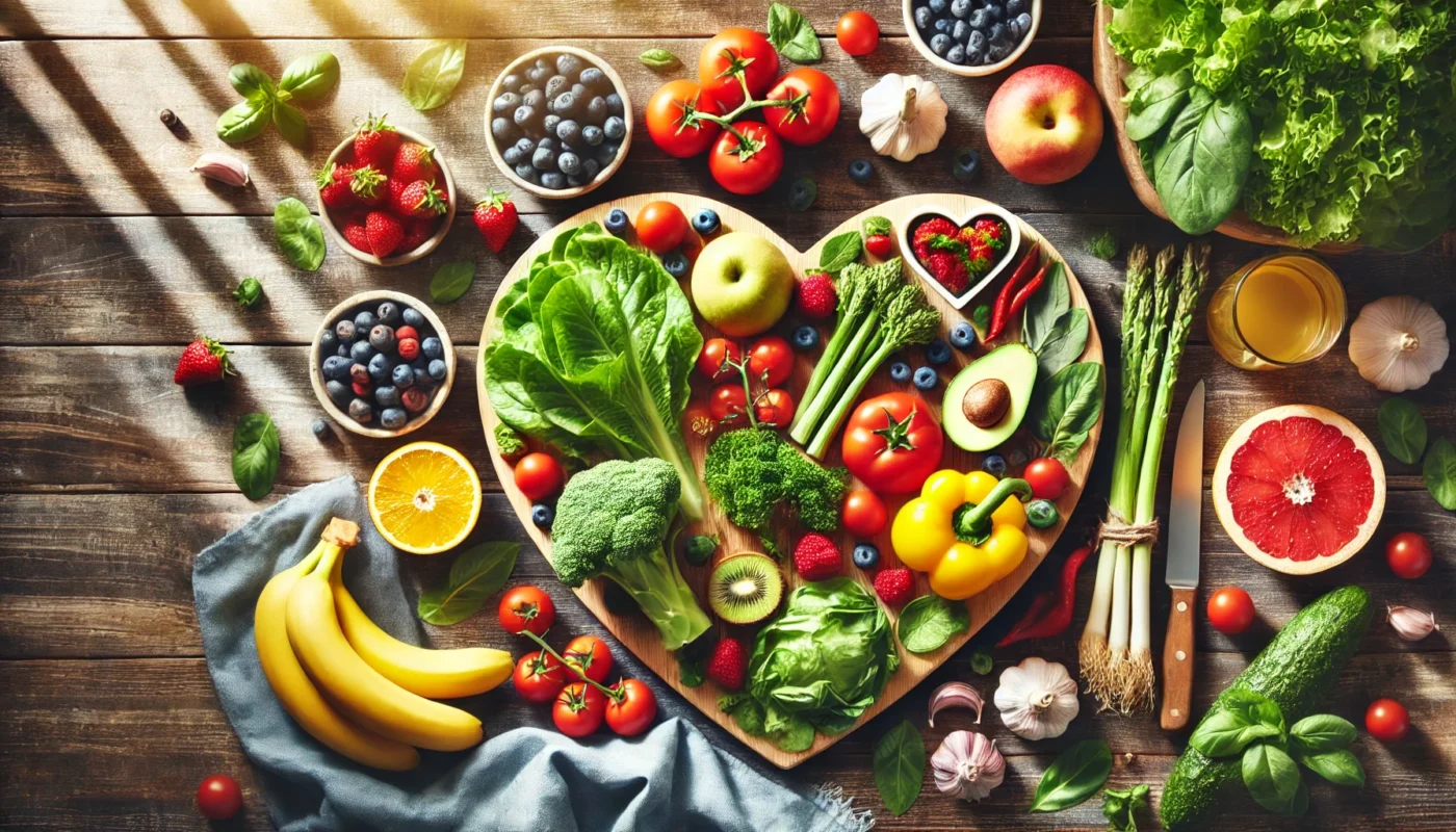 A vibrant, horizontal image of a variety of fresh fruits and vegetables spread on a wooden kitchen countertop, including leafy greens, berries, bananas, tomatoes, and garlic, symbolizing heart-healthy choices in a wholesome and natural setting.