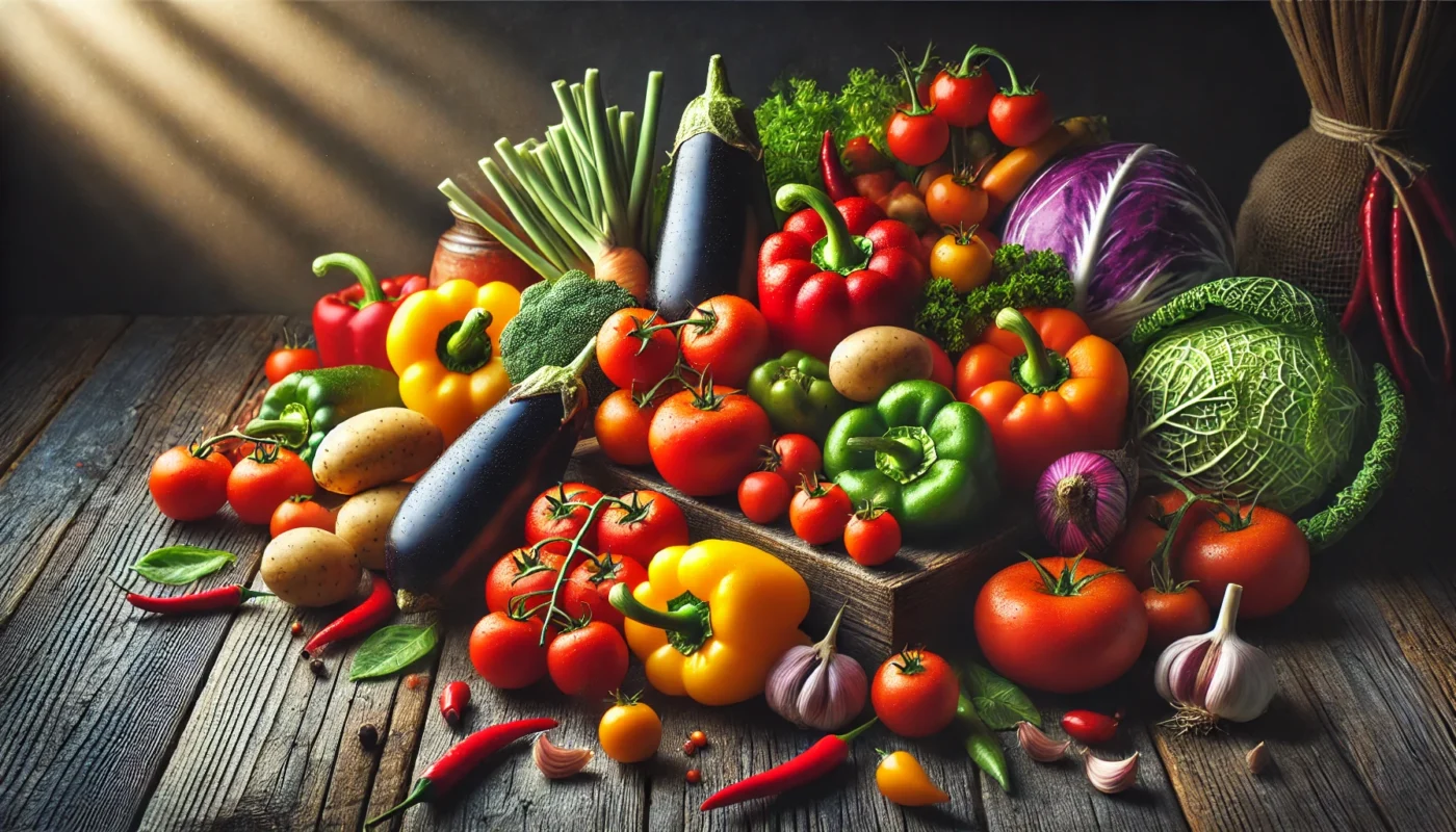 A vibrant, widescreen horizontal image showcasing a variety of nightshade vegetables, including ripe tomatoes, colorful bell peppers, glossy eggplants, and fresh potatoes, arranged on a rustic wooden table under soft natural lighting to highlight their textures and vibrant colors.