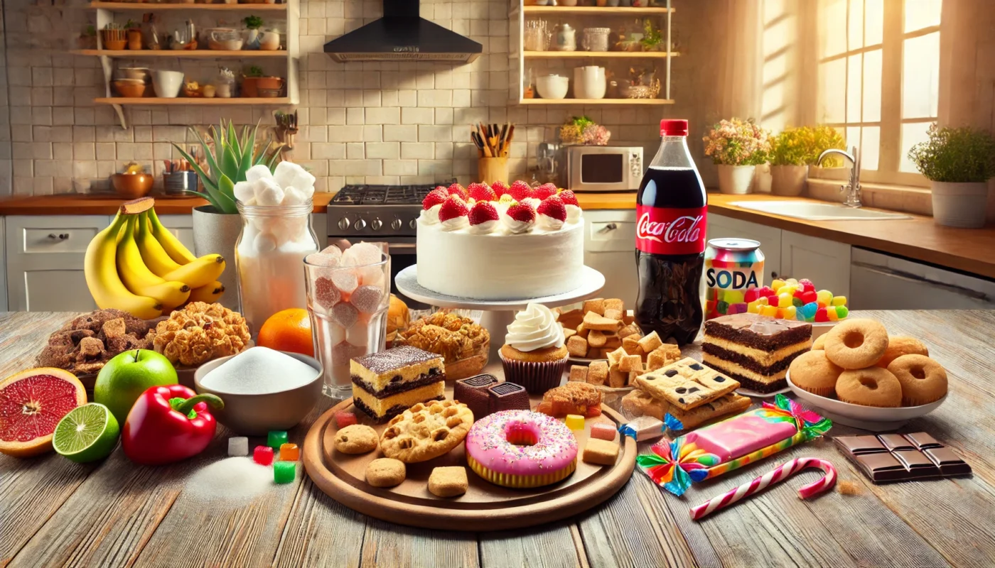 A visually engaging setup showcasing a variety of sugary foods and beverages, including cakes, cookies, soda, candies, and pastries, displayed on a rustic wooden table in a bright and cozy kitchen setting. The image highlights the prevalence of sugar in modern diets and the connection between hypertension and sugar.