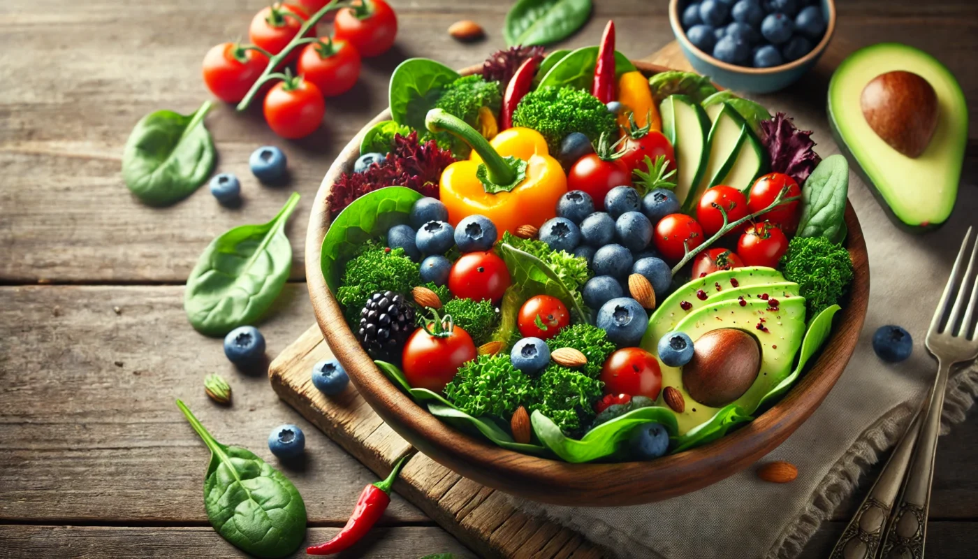 A vibrant, widescreen image of a beautifully arranged salad bowl featuring colorful antioxidant-rich ingredients, including spinach, kale, red and yellow bell peppers, cherry tomatoes, blueberries, avocado slices, and sprinkled nuts. The rustic wooden table and natural lighting emphasize the freshness and health benefits of the salad.