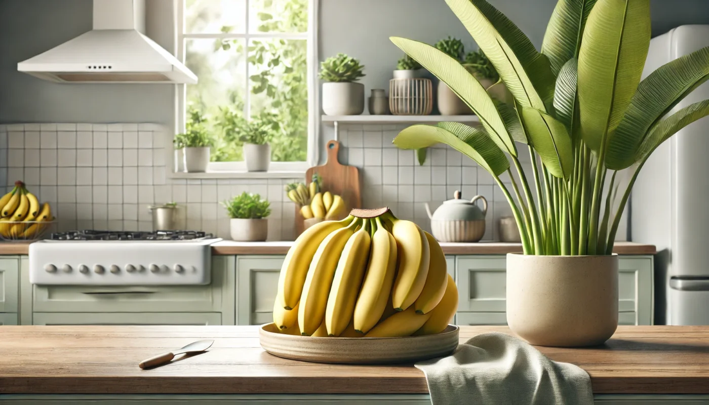 A vibrant, widescreen horizontal image showcasing a clean kitchen counter with a bundle of ripe bananas on a ceramic plate, illuminated by soft natural light, emphasizing freshness and health.