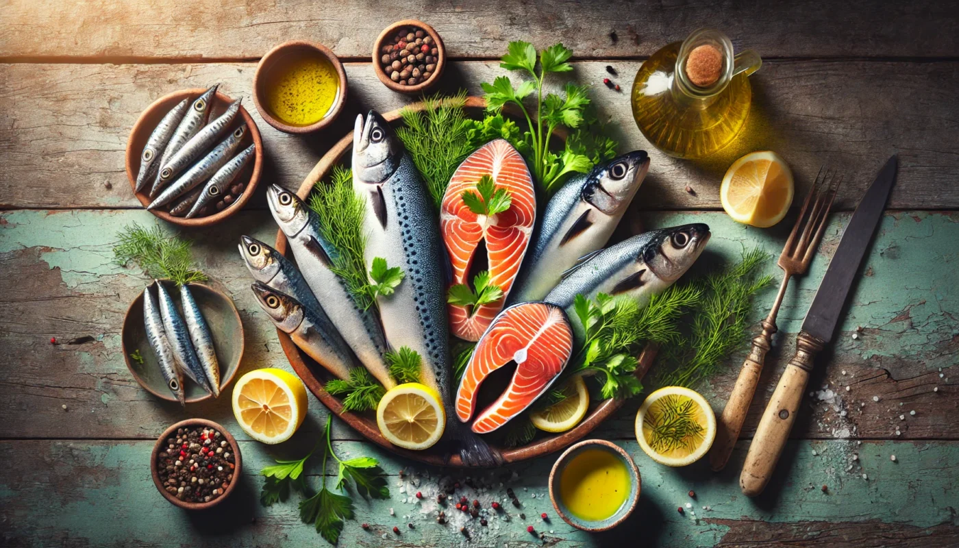 A vibrant seafood platter featuring a variety of anti-inflammatory fish like salmon, mackerel, and sardines, garnished with lemon wedges, fresh dill, and parsley, on a rustic wooden table with a side of olive oil and black peppercorns, bathed in soft natural light.