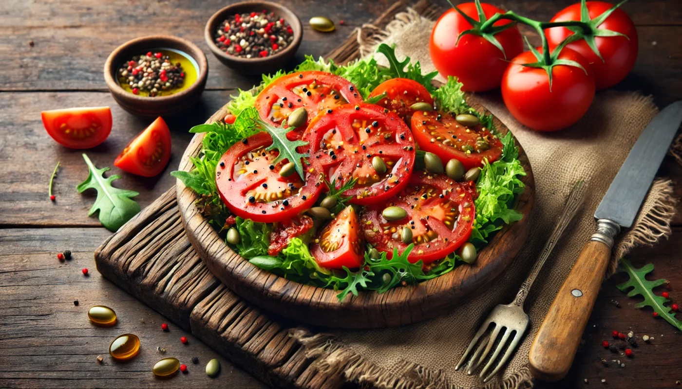 A widescreen image of a vibrant tomato salad featuring fresh tomato slices, visible seeds, and colorful mixed greens, garnished with a drizzle of olive oil and a sprinkle of herbs, displayed on a rustic wooden table with a fork and napkin.