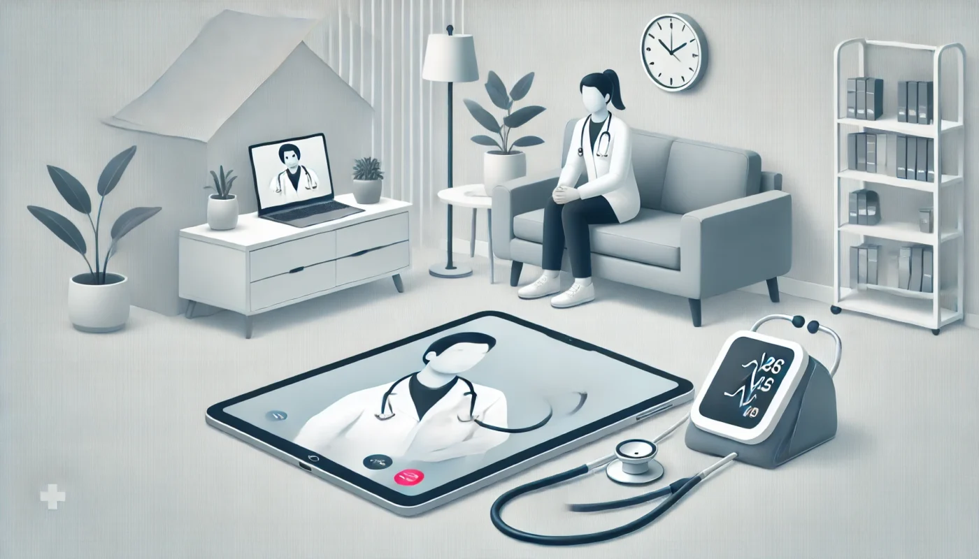 A clean and simple illustration of a virtual clinic for hypertension care, featuring a doctor consulting with a patient via video call on a tablet, with a stethoscope and blood pressure cuff in the background in a modern home setting.