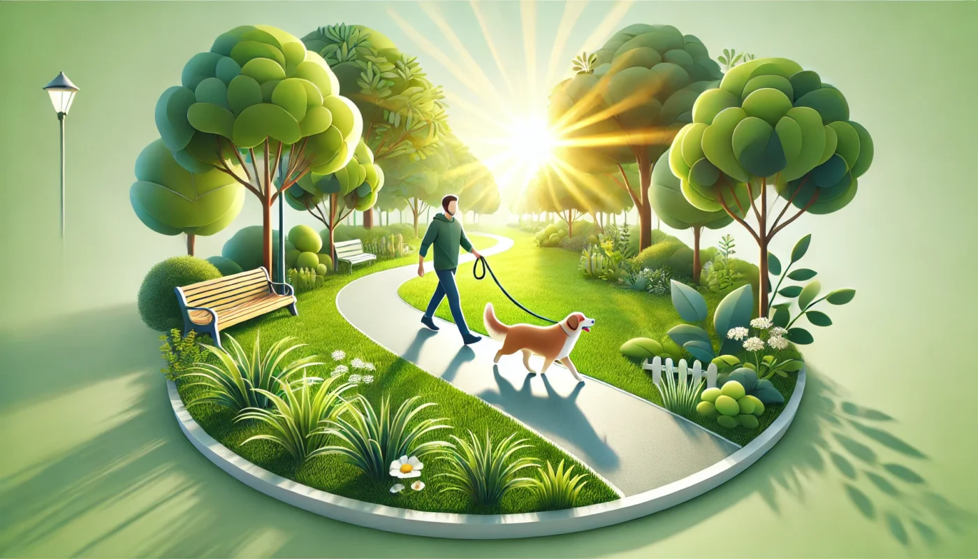 A peaceful park scene with a person walking a dog along a lush green trail, surrounded by trees and natural sunlight. This text-free image emphasizes the relaxing and health benefits of outdoor activities with companion animals.