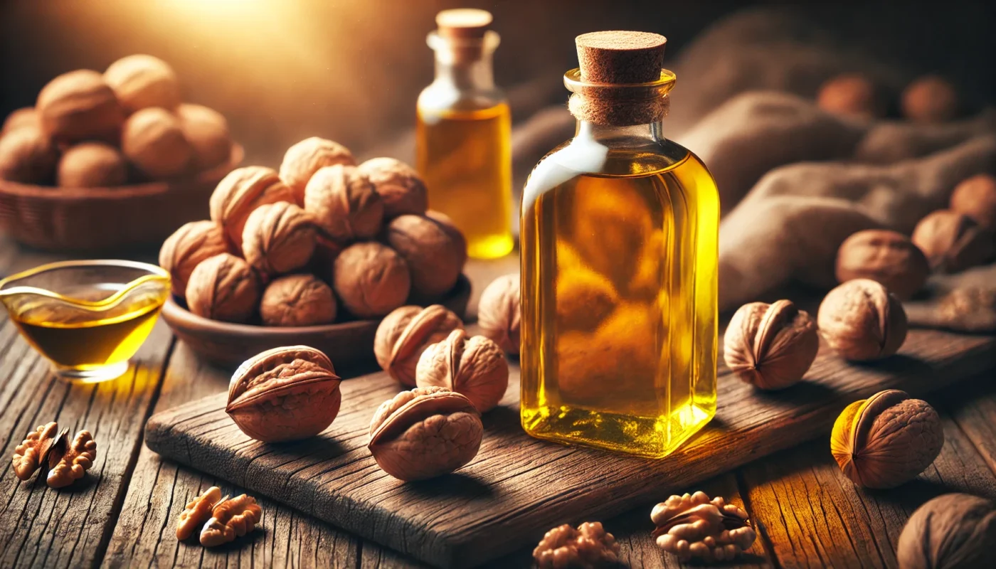 A warm, widescreen image showcasing a bottle of walnut oil next to fresh walnuts on a rustic table, representing its role as a non-inflammatory oil rich in omega-3 fatty acids.