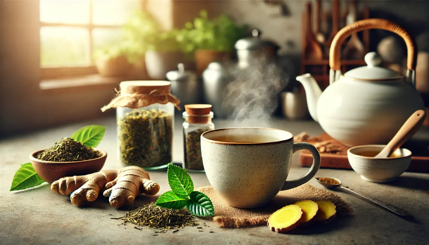 A cozy kitchen countertop with a steaming cup of herbal tea surrounded by fresh green tea leaves, turmeric roots, and ginger. A jar of dried herbs and a teapot are nearby, bathed in natural light streaming through a window, evoking a wholesome and tranquil atmosphere.