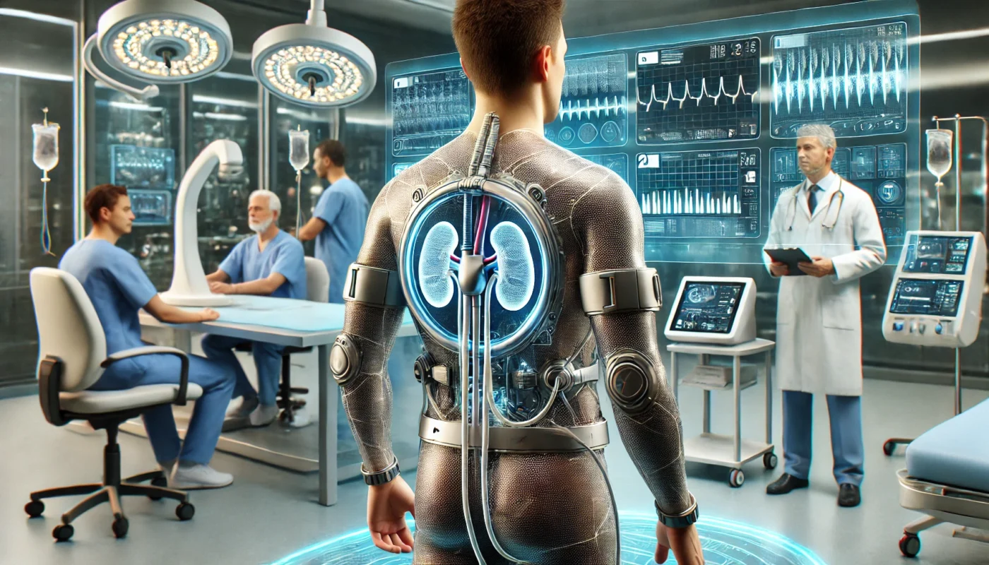 A futuristic and detailed illustration of a patient testing a sleek, wearable artificial kidney device in a modern medical setting. Advanced sensors and tubing are connected, while medical professionals monitor real-time data on high-tech digital screens. The environment is clean, innovative, and high-tech, with a focus on medical technology. It indicates the future of treating hypertension with artificial organs.