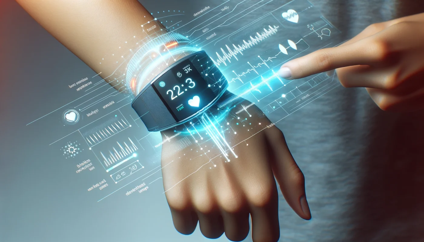 A wearable health monitoring device on a wrist, displaying glowing biometric data such as pulse and blood flow. The design is futuristic and clean, set against a minimalistic background, with no text or symbols resembling letters.