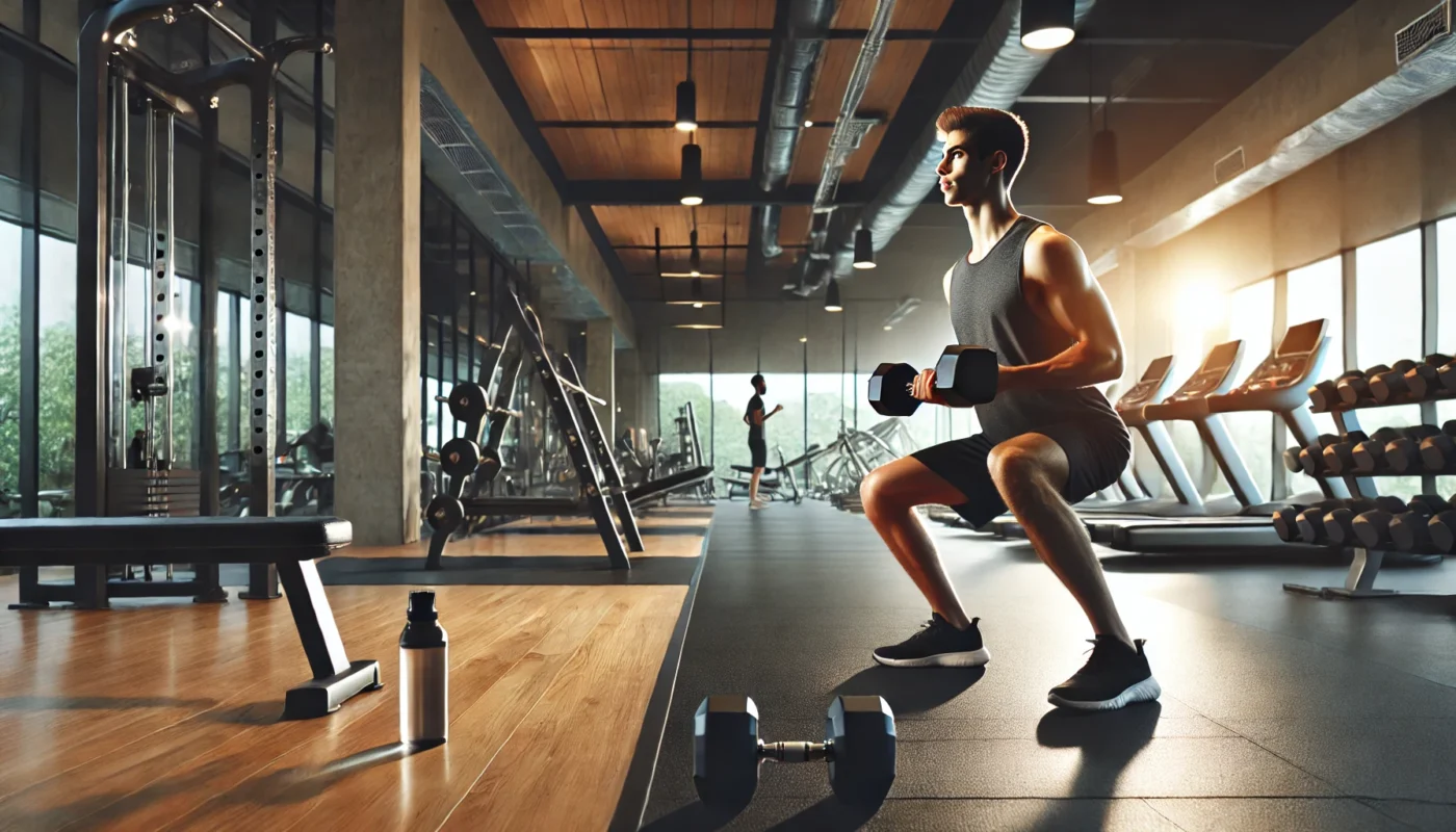 A widescreen image of a fitness enthusiast performing weight-bearing exercises in a modern gym for bone and joint health. The scene includes clean lighting, professional equipment, and an environment emphasizing strength and mobility.