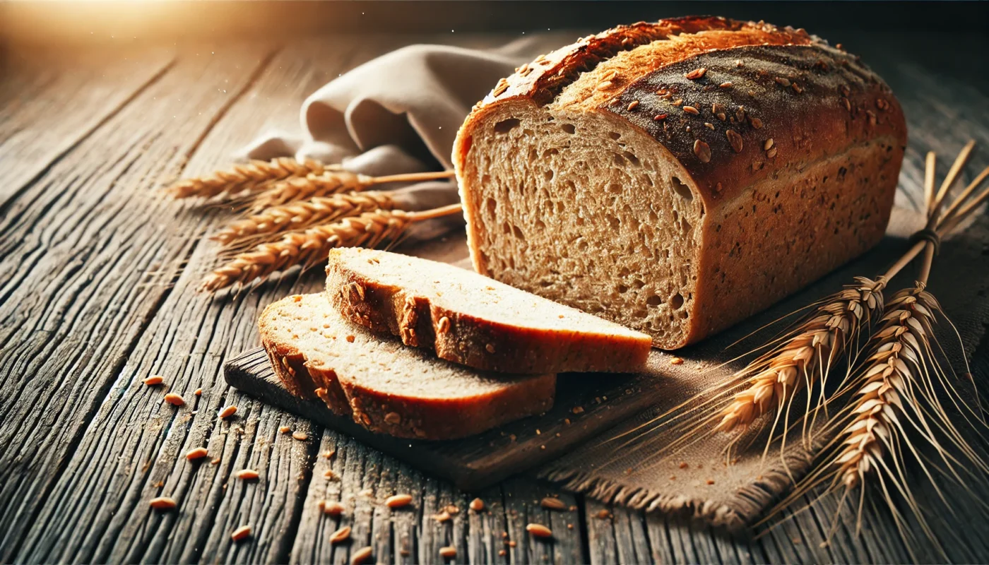 A widescreen image of freshly baked whole wheat bread, sliced and displayed on a rustic wooden table, symbolizing the relationship between whole wheat and inflammation.