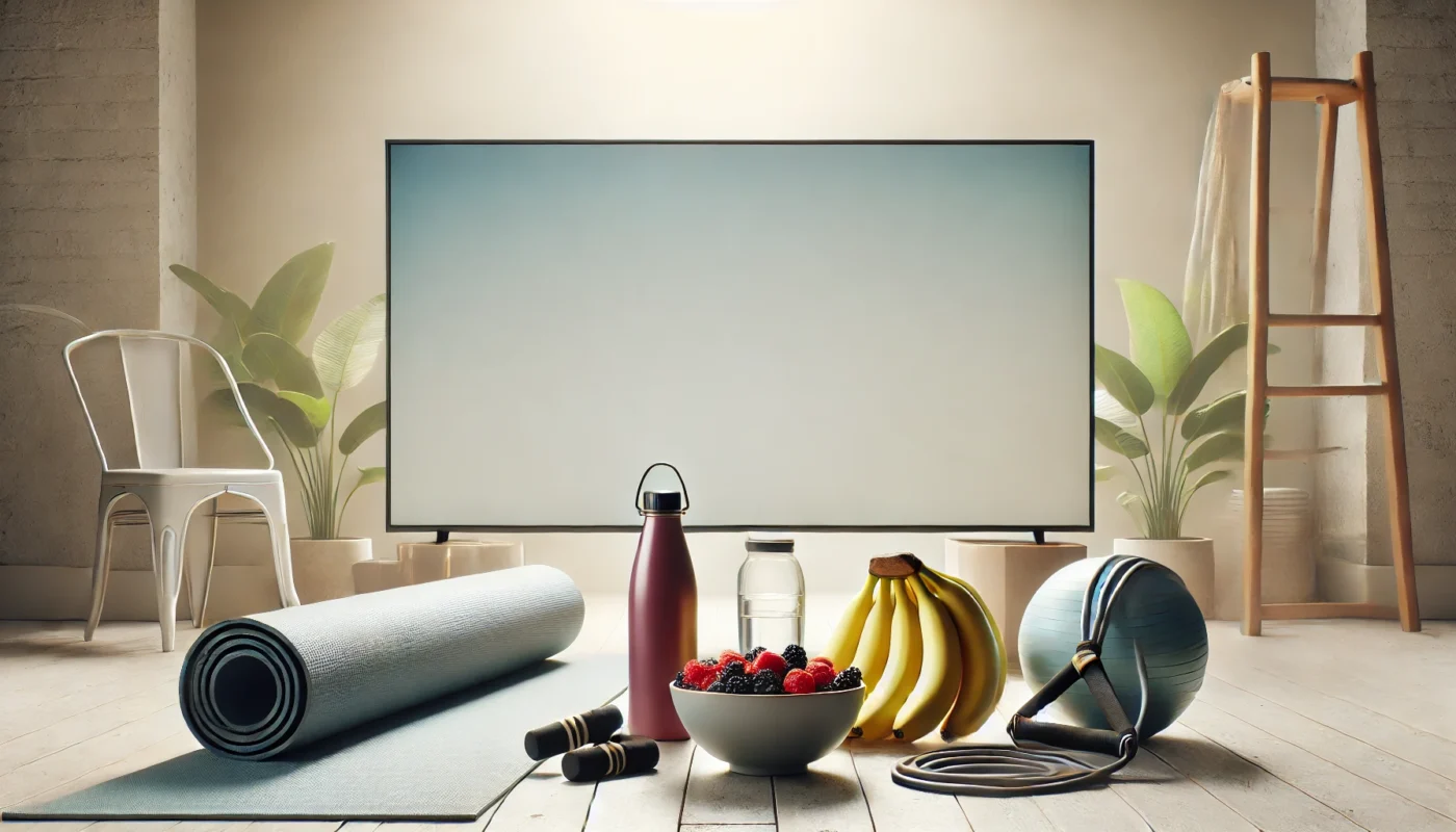 A serene, text-free widescreen image showing a workout recovery setup with a yoga mat, water bottle, resistance bands, and a bowl of fruit containing bananas and berries, in a softly lit and calming environment.