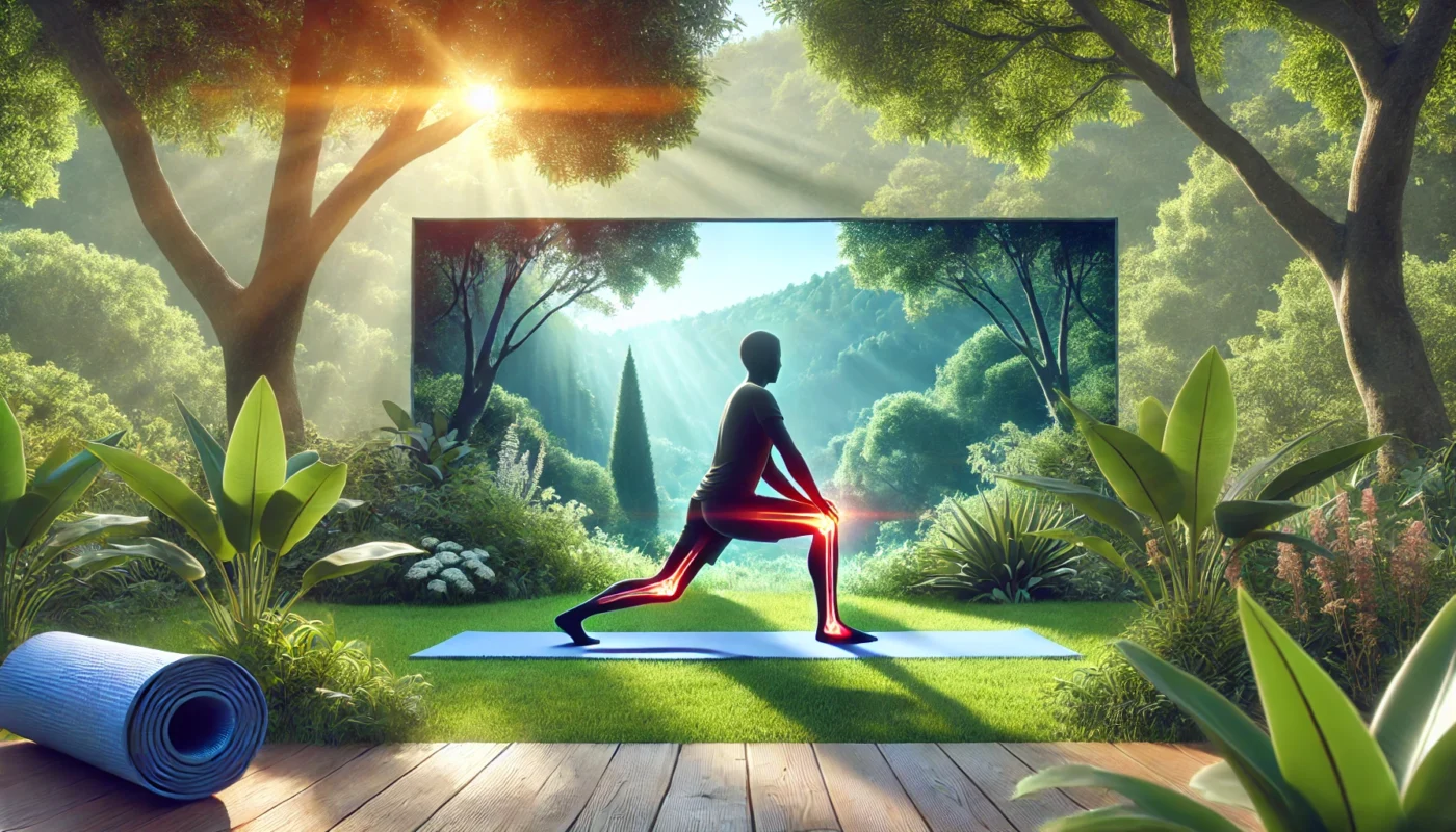 A widescreen image of a serene outdoor setting showcasing a peaceful yoga session for joint health. A person practices yoga on a mat in a lush green park, with sunlight filtering through the trees. The tranquil scene highlights mindfulness and gentle movement, promoting joint inflammation management.