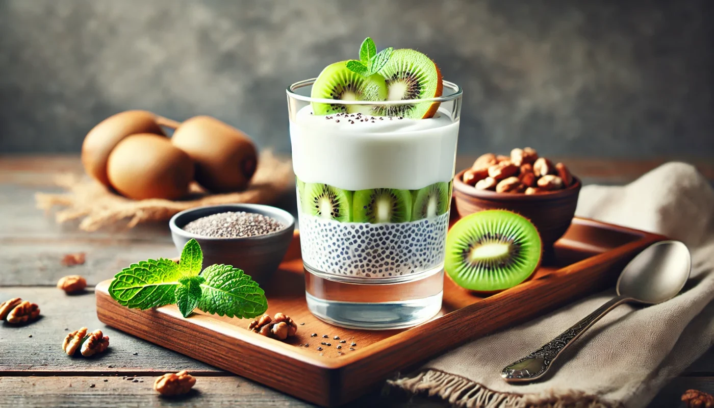 A widescreen image of a creamy yogurt parfait layered with fresh kiwi slices and chia seeds in a clear glass. The glass sits on a wooden tray with a small bowl of nuts and a sprig of mint, showcasing a nutritious and anti-inflammatory dessert.