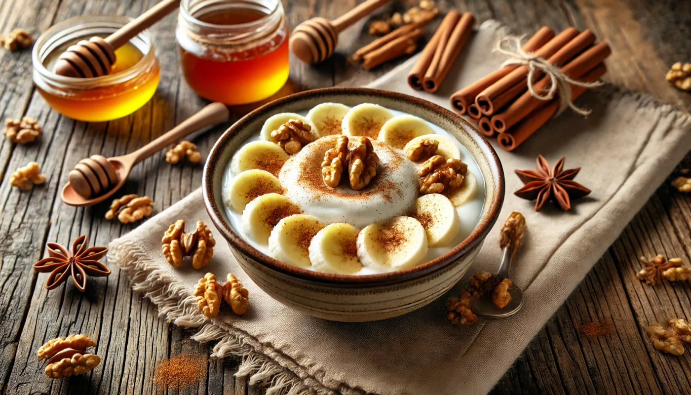 A widescreen image of plain yogurt served in a ceramic bowl, topped with sliced bananas, walnuts, and a sprinkle of cinnamon. The bowl is on a rustic wooden table with scattered cinnamon sticks and a honey jar, emphasizing a wholesome and anti-inflammatory breakfast.