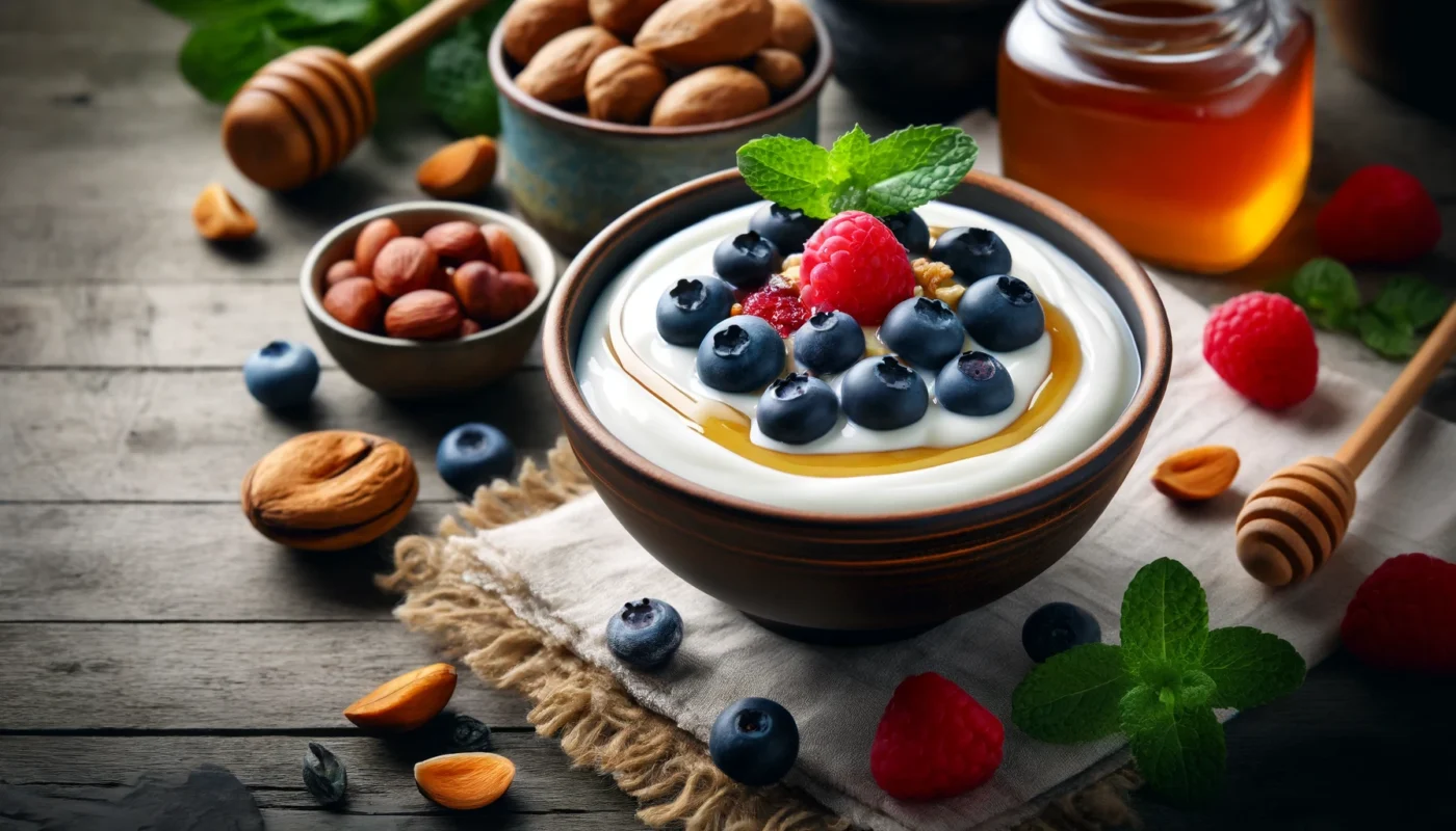 Can yogurt cause inflammation? This is a widescreen image of a bowl of plain yogurt topped with fresh blueberries, raspberries, and a drizzle of honey. The bowl is placed on a rustic wooden table surrounded by nuts and mint leaves, emphasizing yogurt's nutritious and anti-inflammatory properties.