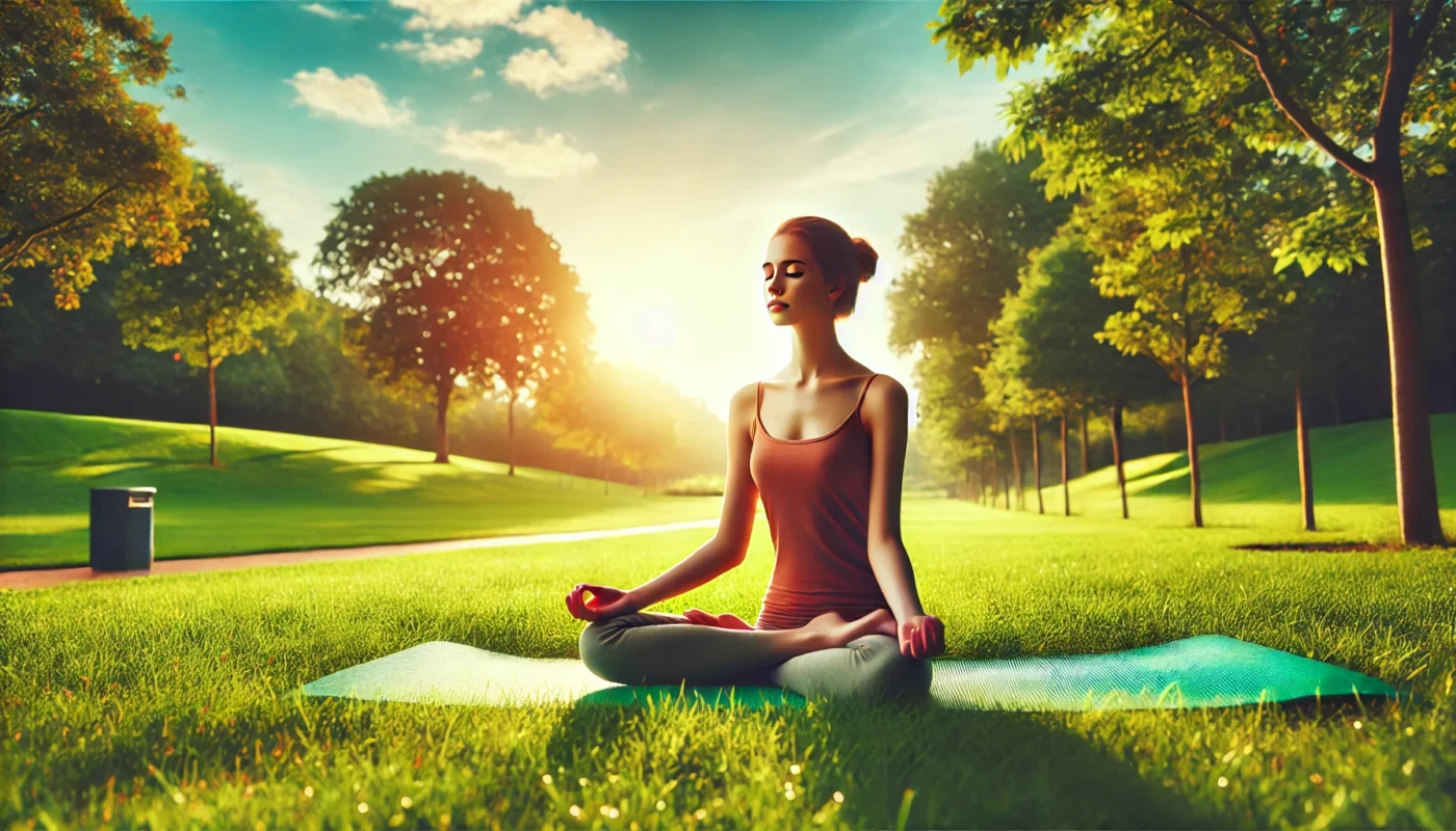 A vibrant, widescreen horizontal image of a young adult meditating outdoors on a yoga mat in a serene park with green grass, distant trees, and soft sunlight, promoting relaxation and mental well-being.