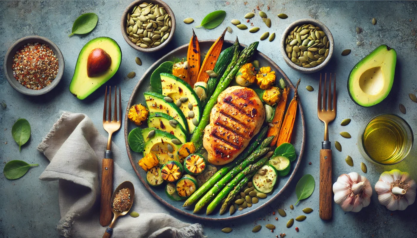 A cozy dinner table featuring a zinc-rich dish of grilled chicken paired with roasted vegetables, pumpkin seeds sprinkled on top, and a side of avocado slices, illustrating a balanced meal for reducing inflammation.