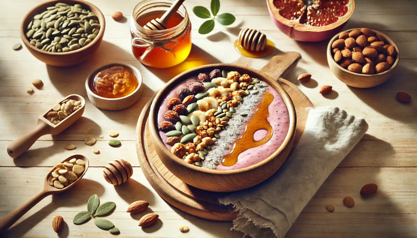 A health-conscious breakfast scene featuring a smoothie bowl topped with zinc-rich ingredients like pumpkin seeds, nuts, and a drizzle of honey, placed on a light wooden table with sunlight streaming through, evoking wellness and balance.