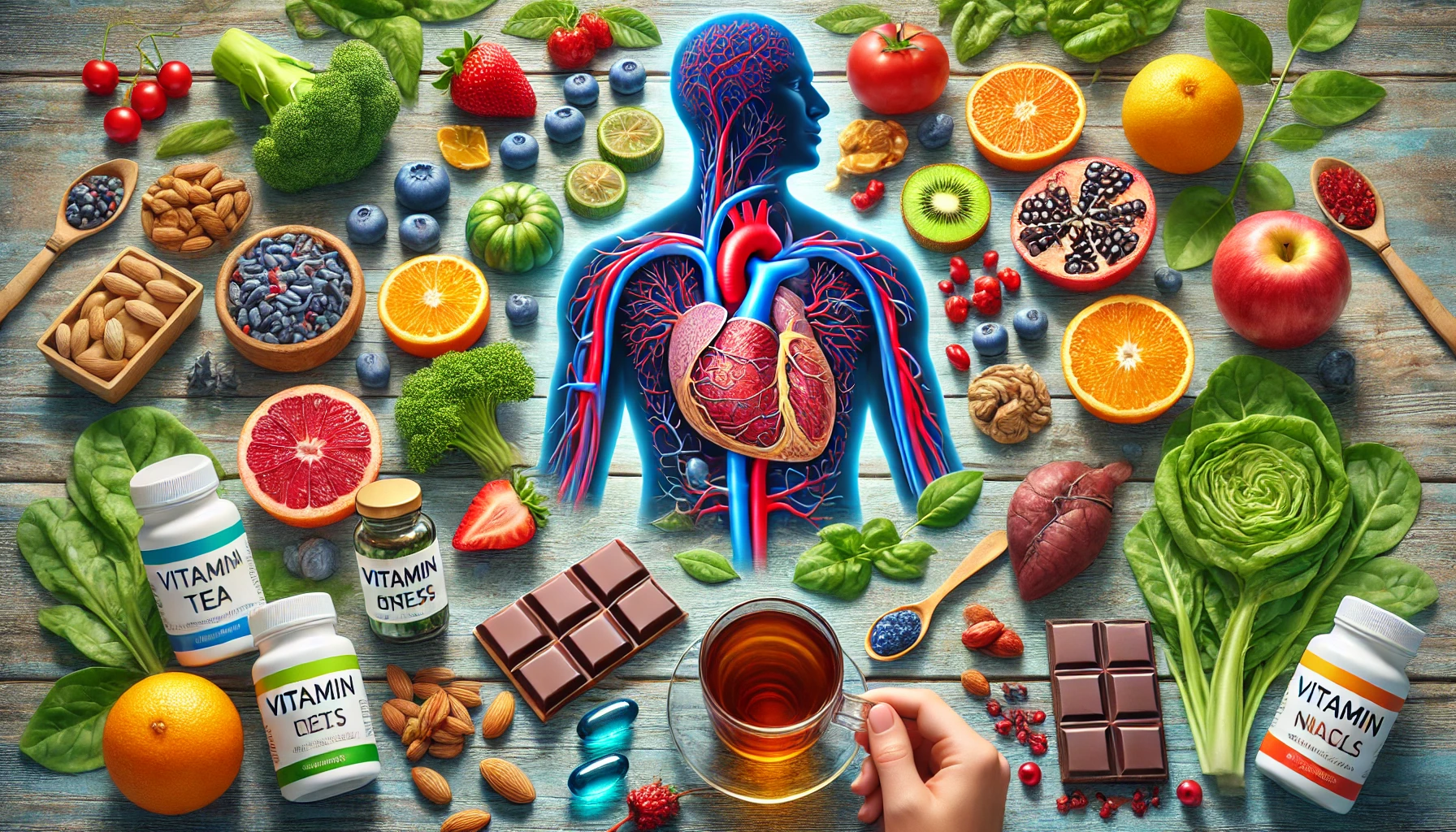 A colorful flat lay of antioxidant-rich foods, including blueberries, strawberries, citrus fruits, spinach, kale, almonds, walnuts, and dark chocolate, displayed on a wooden table.