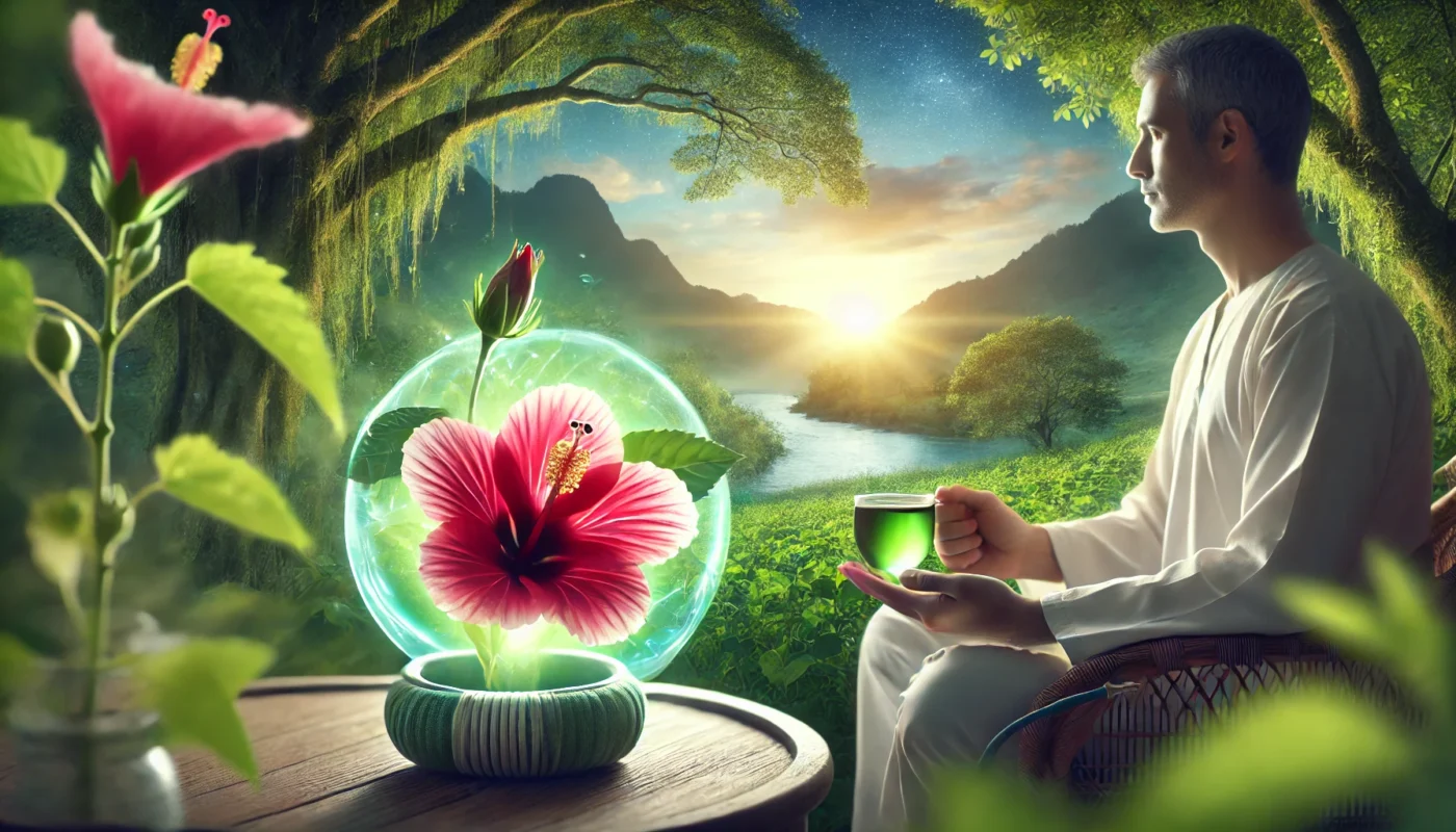 A serene scene of a person enjoying a cup of green tea or hibiscus tea in a calm setting, showing the relationship between antioxidants and hypertension.