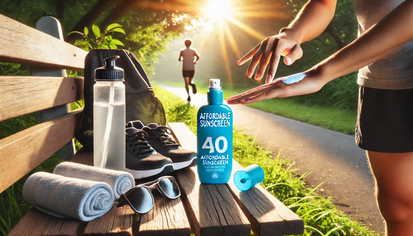 Person applying affordable sunscreen to their face while preparing for an outdoor run, with a sunscreen bottle, water bottle, and running shoes on a wooden bench near a park trail.