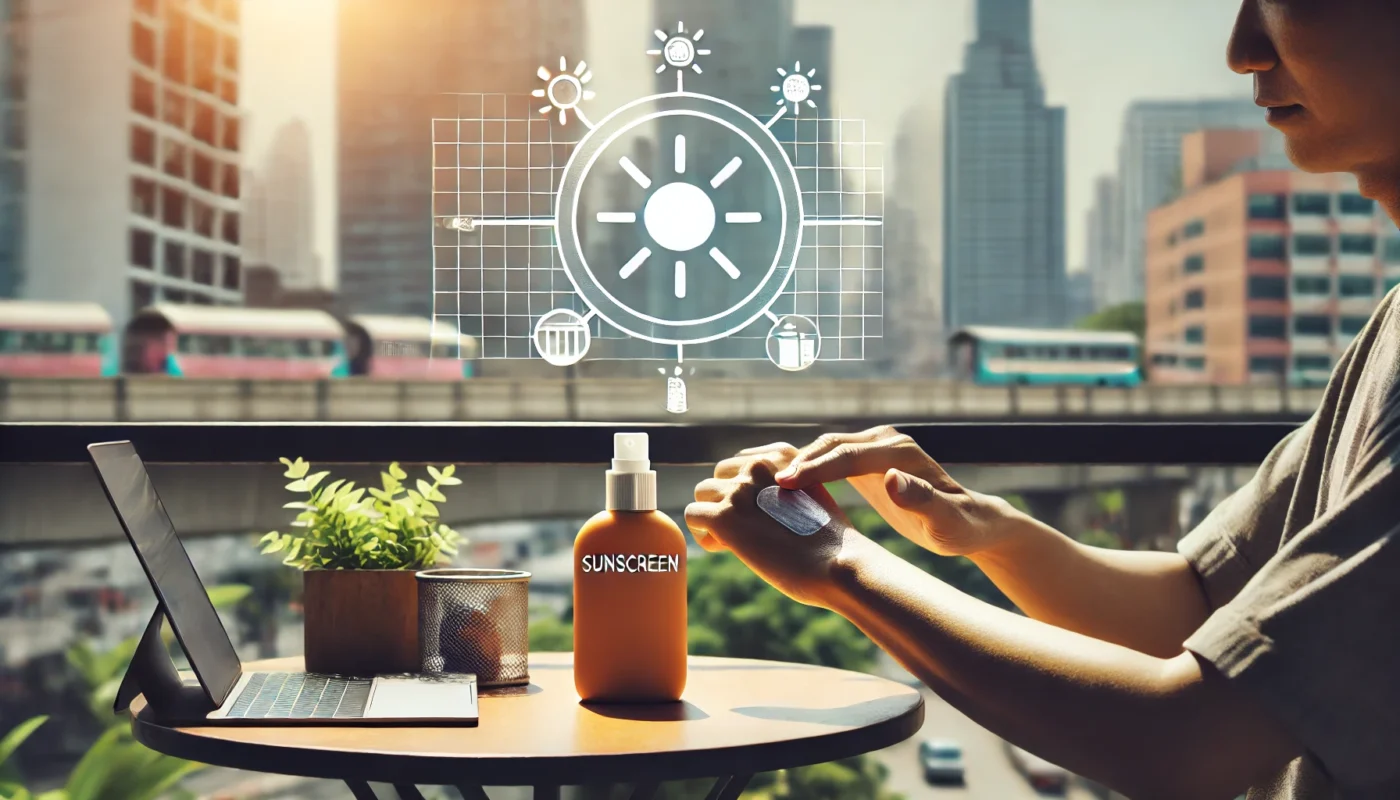 Person applying affordable sunscreen to their arms while sitting on a balcony with a plain, budget-friendly bottle on a nearby table, and an urban skyline in the background.