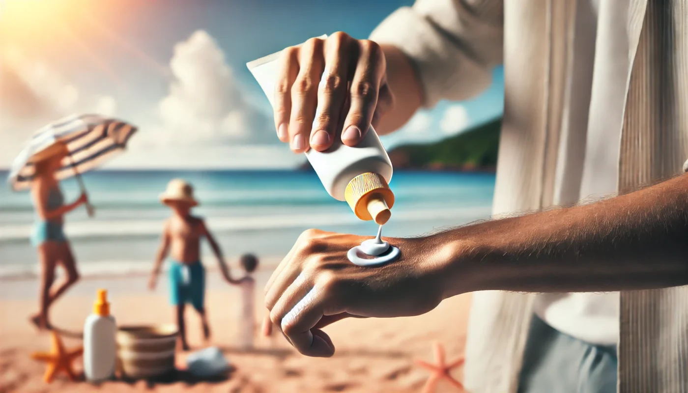 Family at the beach applying affordable sunscreen, with a parent squeezing sunscreen onto a child's arm, soft sand, and a calm ocean in the background.