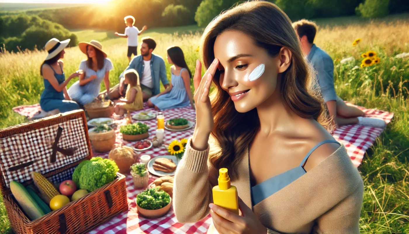 Person applying mineral sunscreen to their face during a family picnic in a sunny meadow, surrounded by picnic items and cheerful company.