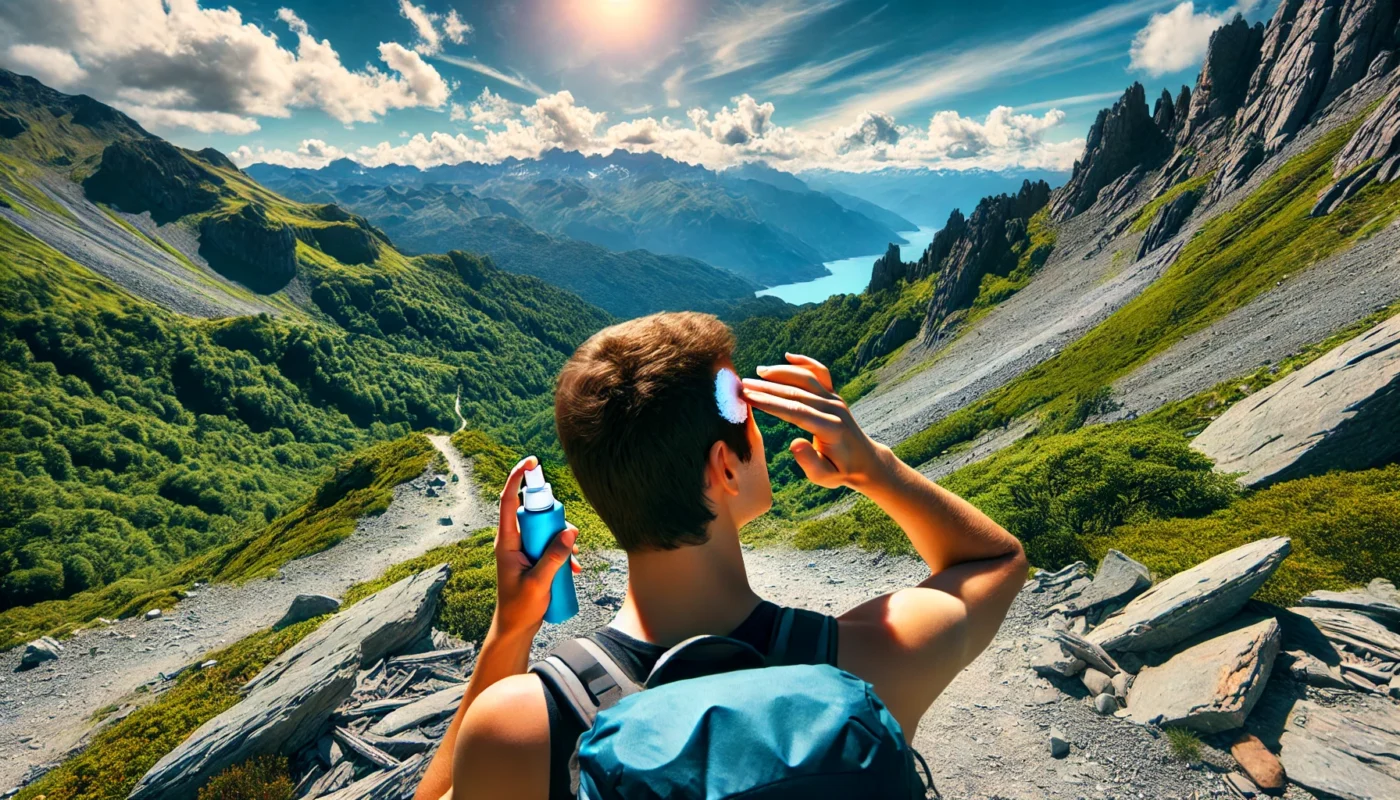 Person applying mineral sunscreen to their face while standing on a scenic mountain trail with lush greenery and a clear blue sky.