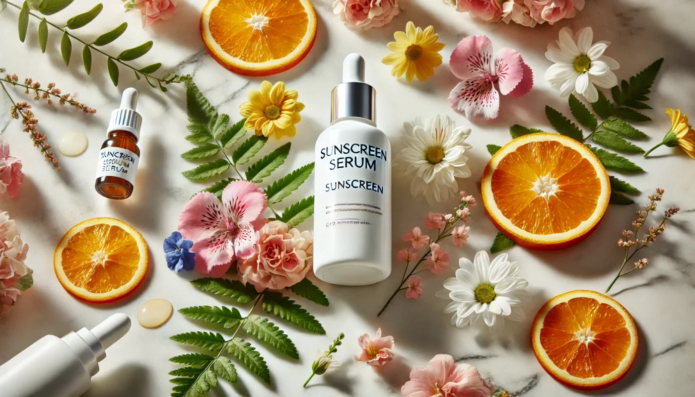 A sunscreen serum bottle surrounded by vibrant flowers and fresh citrus slices on a marble surface, highlighting natural ingredients and a refreshing, sunny vibe.