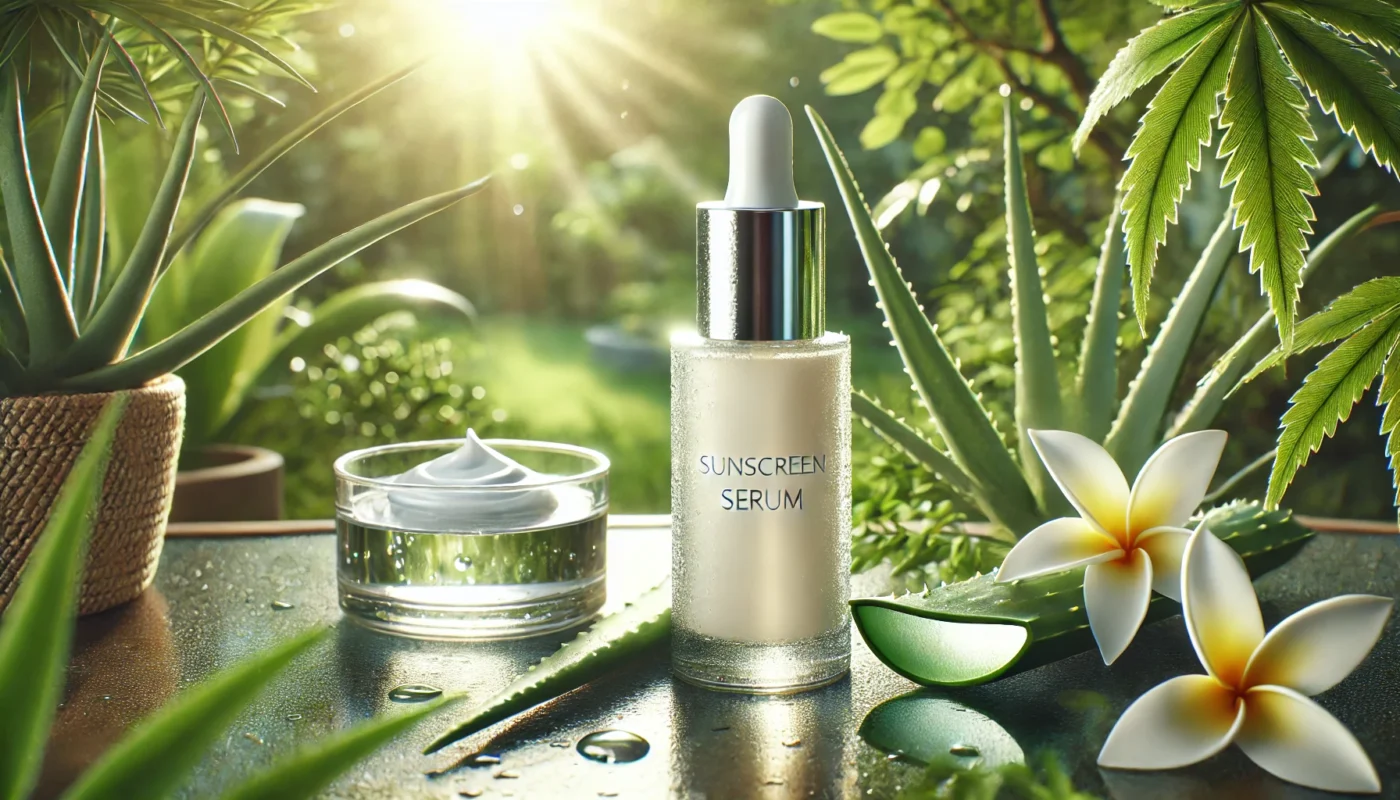 A sunscreen serum bottle placed on a glass table in a lush green garden, surrounded by aloe vera leaves and water droplets, emphasizing hydration and natural care.