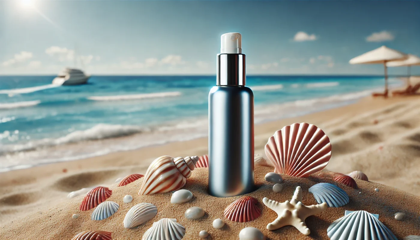 A travel-sized sunscreen serum bottle lying on a sandy beach with seashells, framed by ocean waves and a clear blue sky, highlighting its portability for summer adventures.