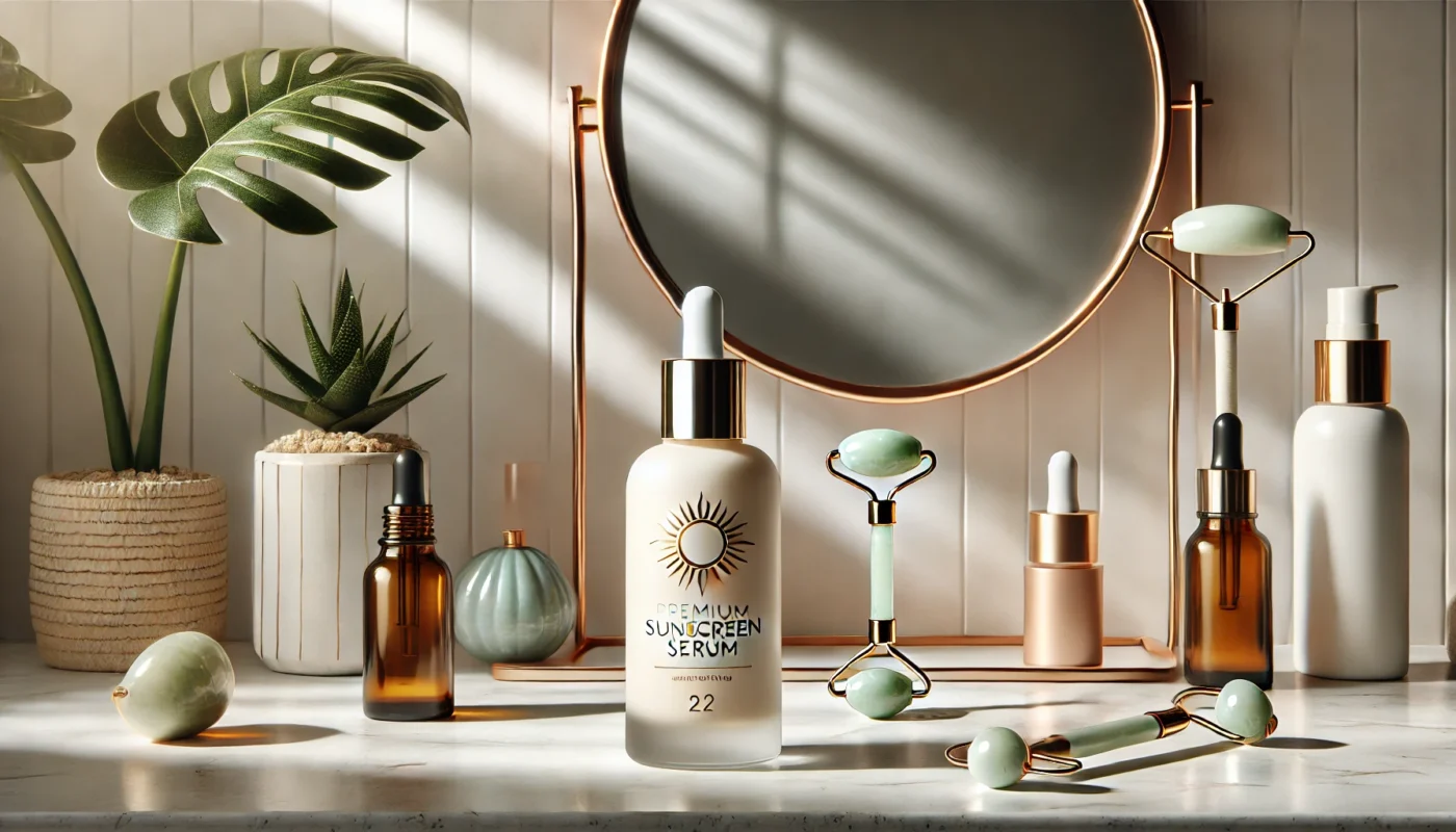 A premium sunscreen serum bottle displayed on a stylish vanity table with skincare tools, a round mirror reflecting natural light, and accessories promoting a high-end skincare routine.