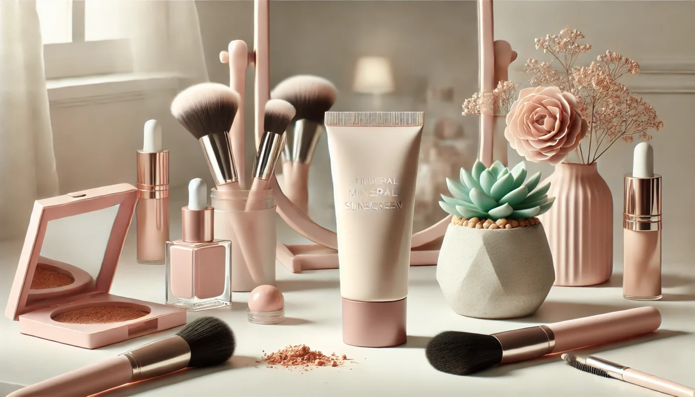 A tinted mineral sunscreen tube on a vanity setup with makeup brushes, a mirror, and a potted succulent, under soft natural light with pastel tones, emphasizing a chic daily skincare routine.