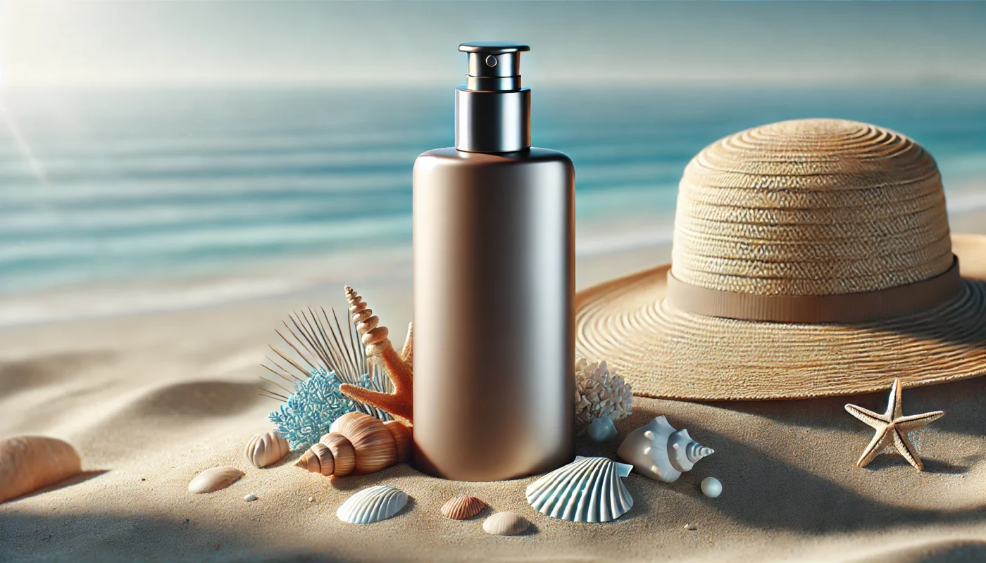 A tinted mineral sunscreen bottle on a sandy beach, surrounded by seashells and a sun hat, with a clear blue ocean in the background, emphasizing summer sun protection and portability.