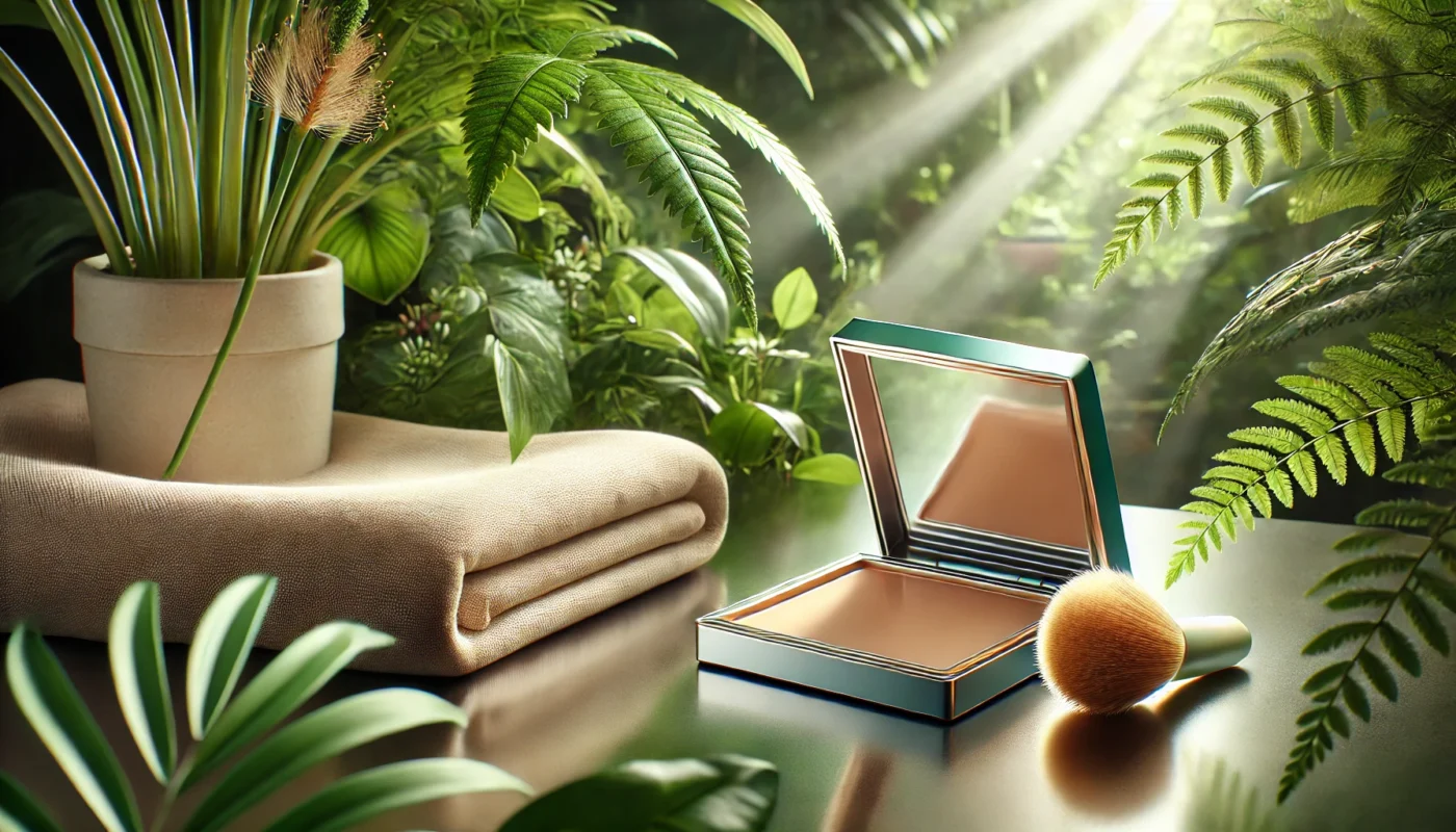 A tinted mineral sunscreen compact on a sleek glass surface, surrounded by lush green plants and a soft beige towel, with sunlight streaming through foliage, highlighting natural beauty and eco-conscious skincare.