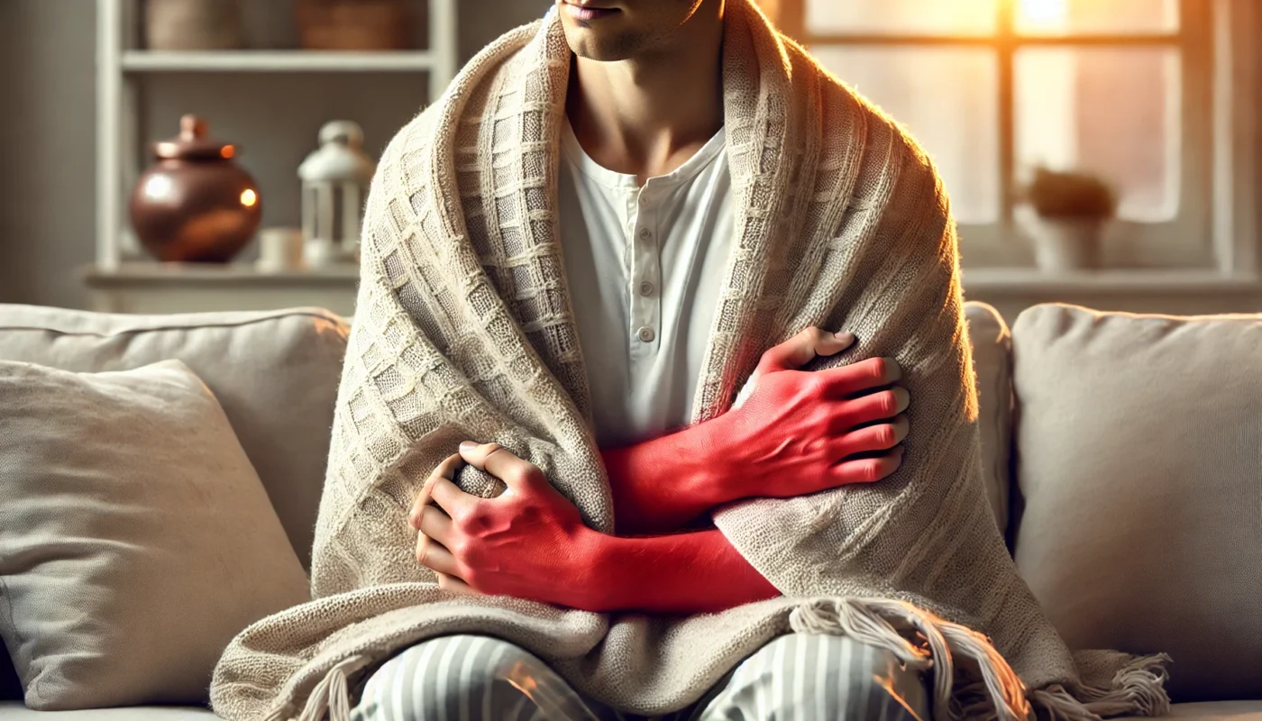 A person with visible sunburn on their arms and shoulders, sitting indoors wrapped in a light blanket, experiencing chills in a cozy living room.