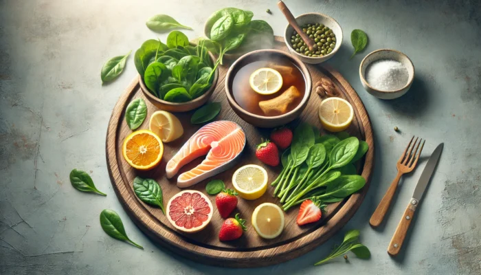 Widescreen photo of a variety of collagen-boosting foods, including bone broth, citrus fruits, and salmon, showing how improve my collagen naturally through diet.