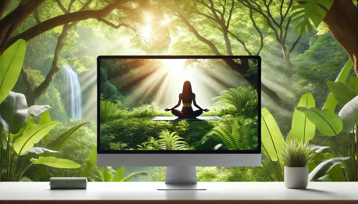 Widescreen photo of a person practicing yoga in a lush outdoor setting, emphasizing how improve my collagen through stress reduction and exercise.