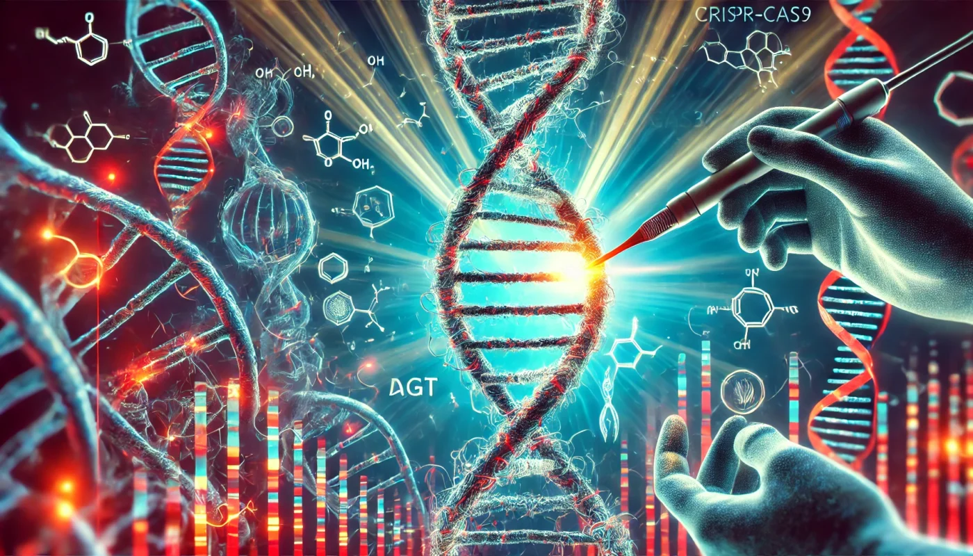 An artistic depiction of CRISPR-Cas9 gene editing targeting the AGT gene for hypertension, showing precise DNA modifications when a gene therapy takes place.