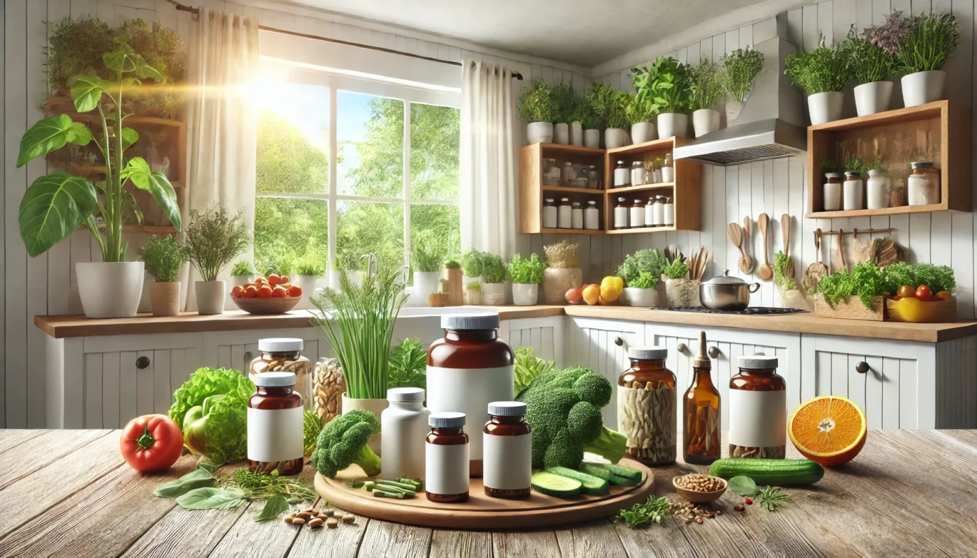 A natural health supplement display featuring leafy green vegetables like broccoli, herbal plants, and various supplement bottles, emphasizing the theme of 'estrogen reducing supplements' in a serene kitchen environment.