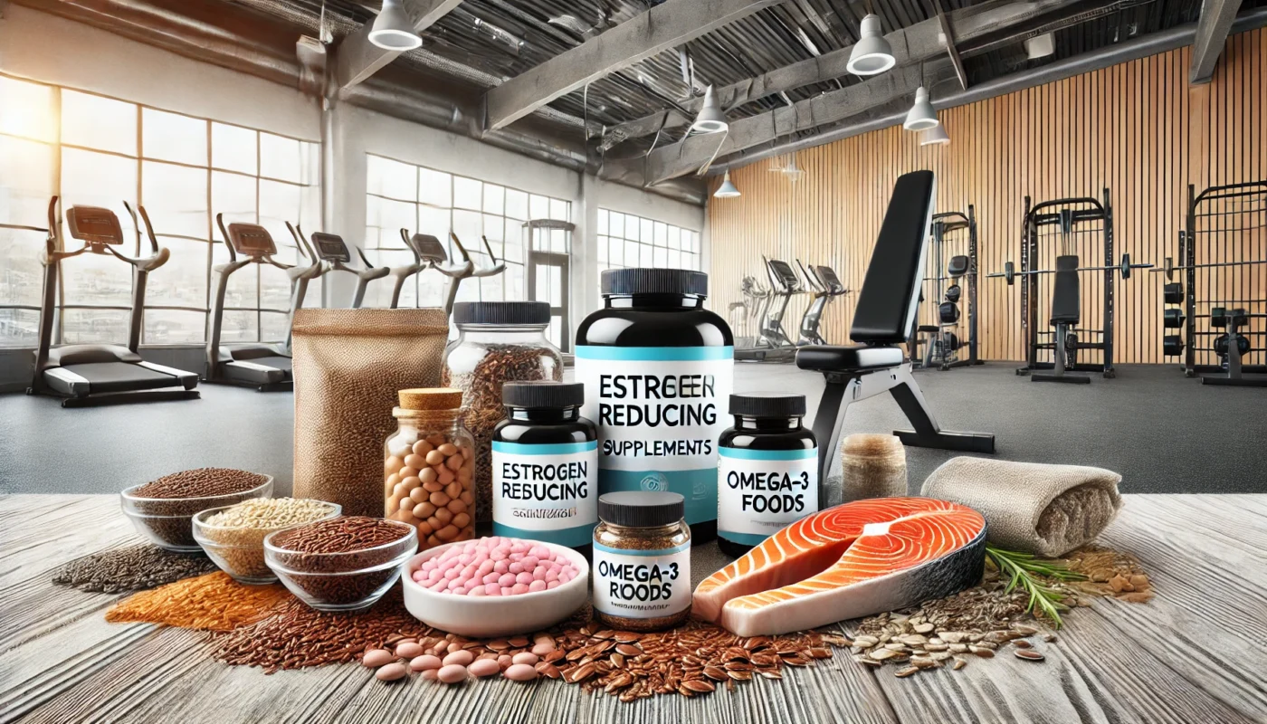 A fitness-focused setting with estrogen reducing supplements, flaxseeds, and omega-3 rich salmon displayed on a workout bench alongside gym equipment, emphasizing health and fitness.